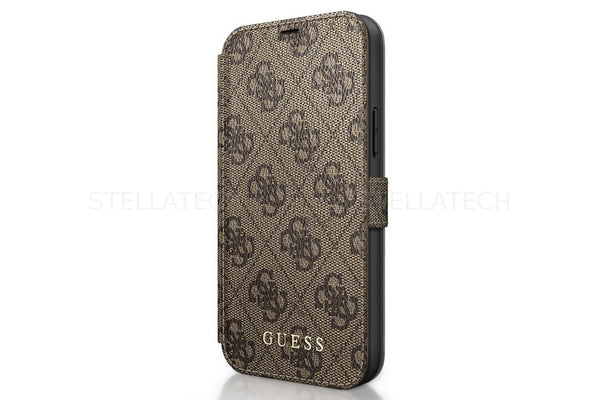 Premium GUESS Handytasche für Apple iPhone 12 - 4G Kollektion mit Guess Muster in Braun