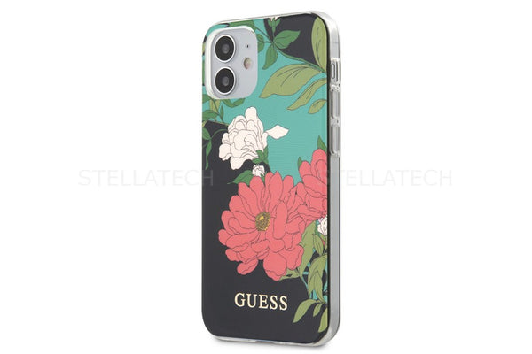 Premium GUESS Hülle für Apple iPhone 12 Mini - N°1 Flower Kollektion in Schwarz